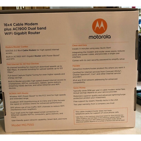 Motorola‎ 16x4 cable modem plus ac1900 router model MG7550 - Picture 3 of 4